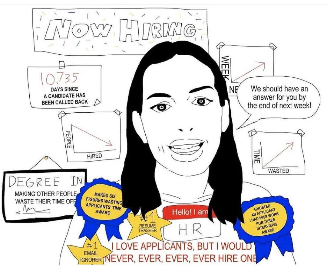 A satirical illustration of an HR recruiter surrounded by mock awards for ignoring, ghosting, and wasting applicants' time.